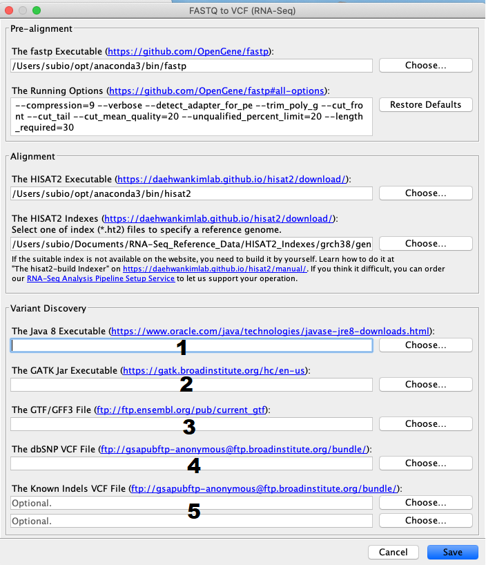 FASTQ to VCF (RNA-Seq) Environment Set-up Panel (macOS)