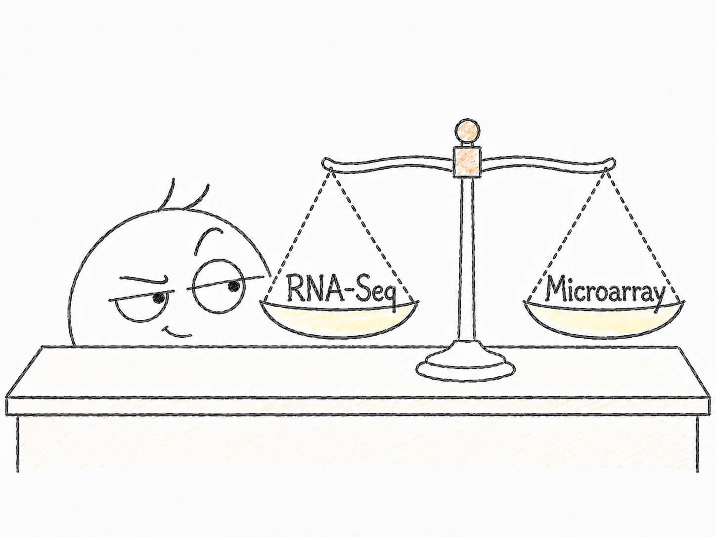 Considering RNA-Seq vs Microarray Illustration of carefully comparing RNA-Seq and microarray on a balance scale