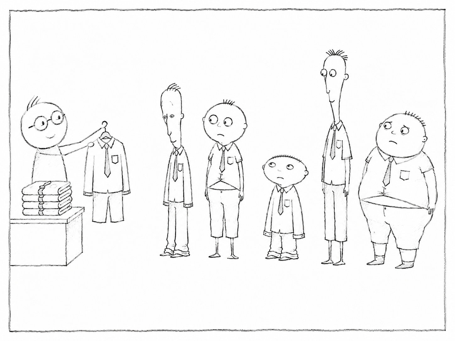 A satirical illustration showing people with different body types being given the same-size uniform