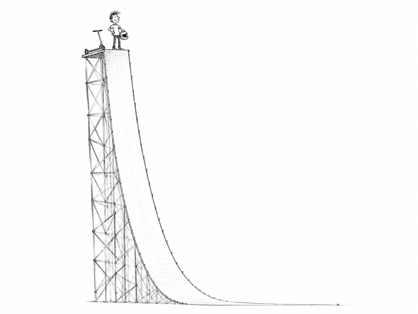 No, You'd Better Don't "A satirical illustration of a person standing on top of a huge ramp, showing the risk of starting an experiment without proper planning