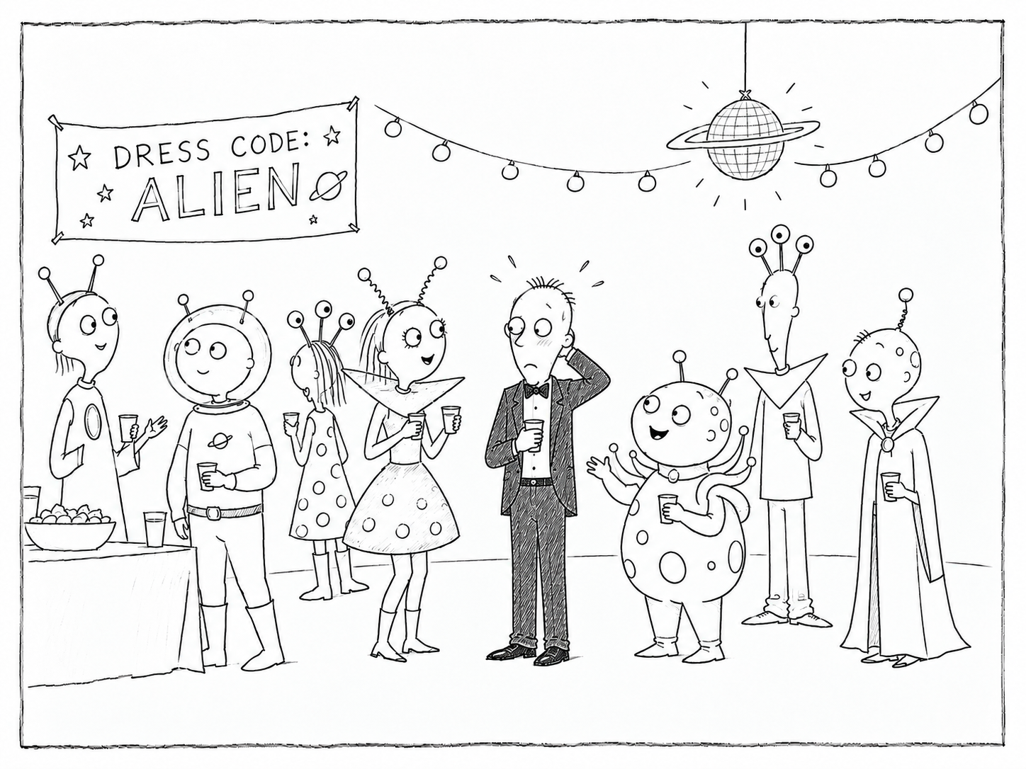 A guest in formal attire realizes that the party dress code is alien-themed